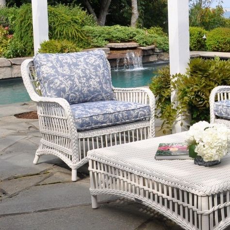 Kingsley Bate Chatham Lounge Chair in White and Optional Ottoman White Wicker Patio Furniture, Wicker Porch Furniture, White Wicker Furniture, Elegant Outdoor Furniture, Parks Furniture, Woven Furniture, Porch Furniture, Wicker Patio Furniture, White Wicker