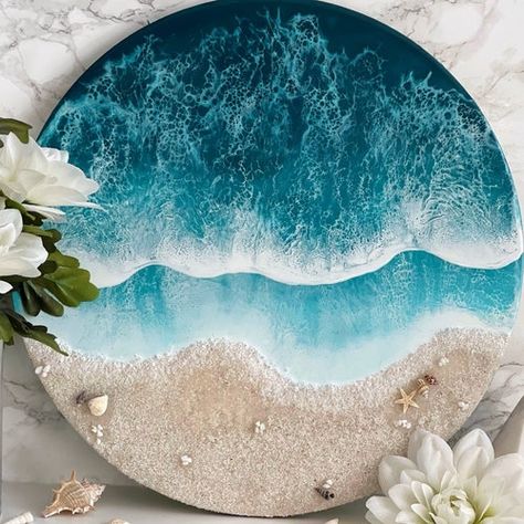 Resin Ocean Art, White Rocks, Circle Canvas, Wooden Circle, Circle Painting, Resin Art Painting, Resin Wall Art, Circle Wall Art, Wall Art Hanging