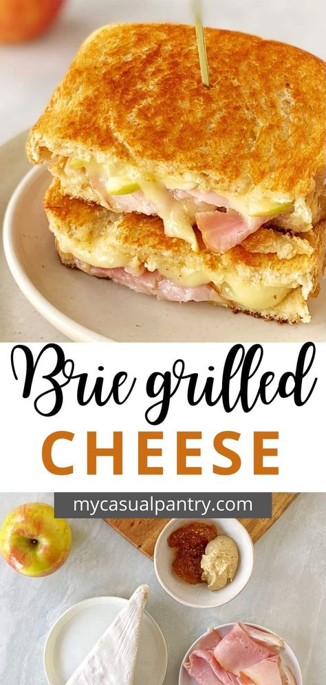 Brie grilled cheese on a plate Apple Grilled Cheese, Lunch Sandwich Recipes, Brie Grilled Cheese, Sandwich For Lunch, Brie Sandwich, Apples And Onions, Apple Sandwich, Grill Cheese Sandwich Recipes, Grilled Ham