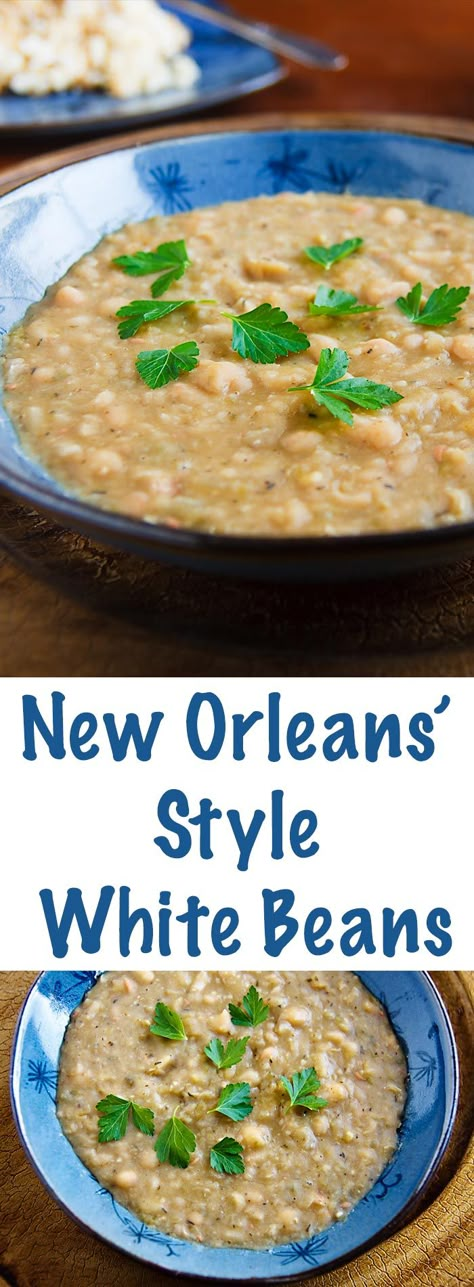 Creamy beans cooked in the spicy New Orleans' tradition, but without animal products or fat. White Beans And Rice, Creamy Beans, White Bean Recipes, New Orleans Recipes, New Orleans Style, Beans And Rice, How To Cook Beans, Vegan Soups, Vegan Kitchen