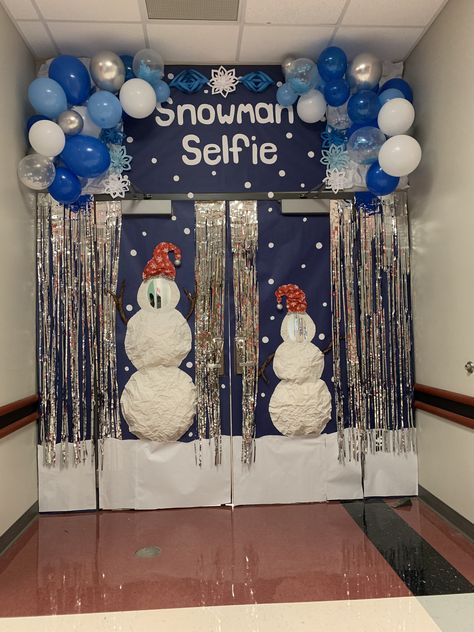 Christmas Hallway Themes For School, Winter Wonderland Reading Night, Winter Theme School Decorations, Winter Wonderland Middle School Dance, Winter Wonderland Decorations School, Snowman Hallway Decorations, Winter Wonderland Elementary School, Christmas Dance Themes, Winter Carnival Ideas School