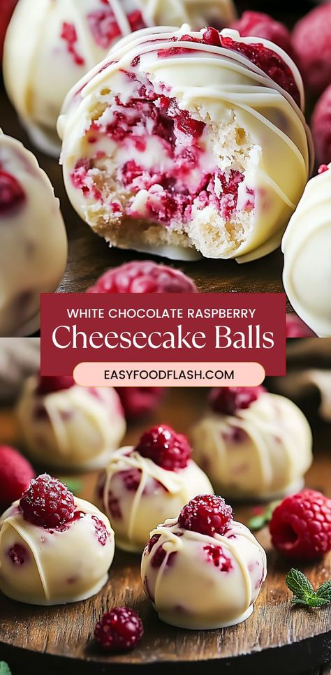 These White Chocolate Raspberry Cheesecake Balls are a creamy, tangy, and sweet dessert that’s perfect for any occasion. Featuring a luscious cheesecake filling infused with fresh raspberries, coated in smooth white chocolate, and garnished with freeze-dried raspberries, these bite-sized treats are as beautiful as they are delicious. Fresh Raspberry Recipes, Raspberry Cheesecake Bites, Christmas Chocolate Desserts, Cream Cheese Spread Recipes, Caramel Recipe Easy, White Chocolate Desserts, Cake Ball Recipes, Cheesecake Balls, White Chocolate Raspberry Cheesecake