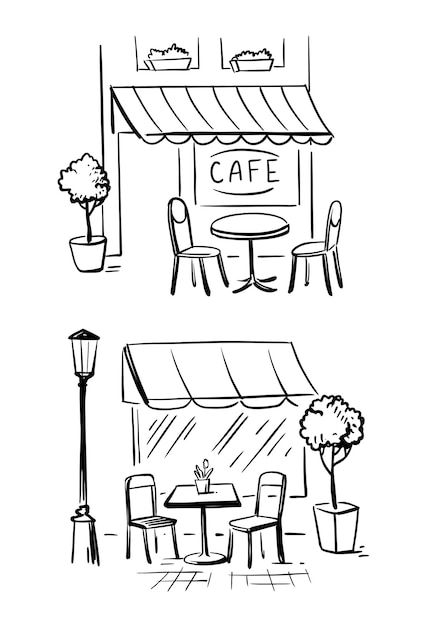 Street Cafe Drawing, Cafe Shop Drawing Easy, Cafe Exterior Design Drawing, Cafe Cute Drawing, Street Sketch Simple, Breakfast Ideas Drawing, Restaurant Drawing Easy, Cafe Doodle Art, Outside Cafe Design