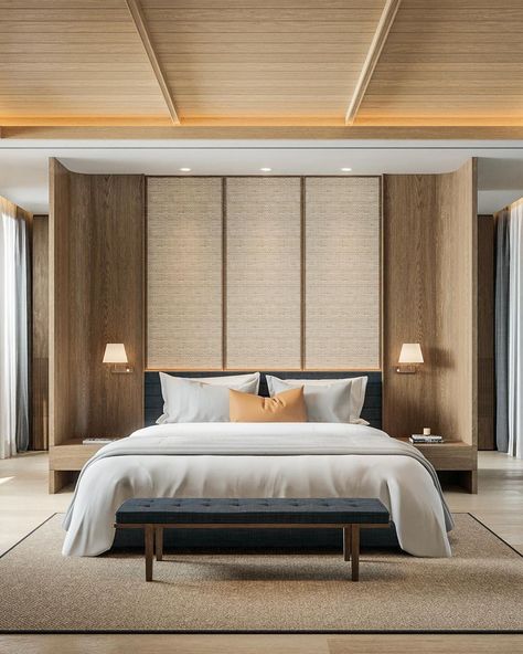 Japandi Luxury Bedroom, Italian Modern Bedroom, Modern Resort Bedroom, Master Bedrooms Designer, Hotel Like Bedroom, Bedroom Wood Design, Wood Interior Bedroom, Home Decor Japanese Style, Wood Bedroom Decor