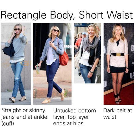 * Don't tuck shirts, they should end at or below hips * Break up long legs with tall boots, by cuffing skinny/straight jeans at ankle, wearing contrasting pants... Short Torso Outfits, Short Legs Long Torso, Rectangle Body Shape Outfits, Rectangle Body Shape, Body Outfit, Short Torso, Long Torso, Short Waist, Petite Fashion