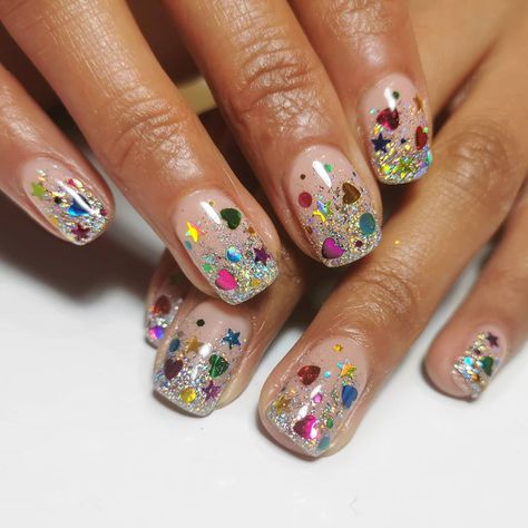 Rosie Lynall | Nail artist on Instagram: “Glitter tips forever ✨🌈 . . . . . . . . Natural nail prep by @navyprotools” Brite Nail Designs, Christmas Confetti Nails, Glitter Confetti Nails, Classy Nude Nails, Multi Color Sparkle Nails, Rainbow Brite Nail Art, Glitter Tips, Natural Nail Designs, Confetti Nails