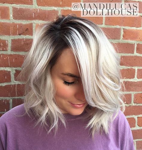 Pearlized blonde with stretched shadow root.  Bayalage / Platinum Ash / Icy..  The Dollhouse Salon and Blow Dry Bar Richmond, IN Blonde Bayalage, Blonde Hair With Roots, Tan Skin Blonde Hair, Icy Blonde Hair, Ash Hair Color, Blonde Roots, Shadow Root, Dark Roots Blonde Hair, Ash Blonde Hair