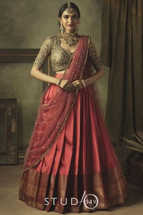 South Indian Lehenga Half Saree, Half Saree For Engagement, Half Saree Designs Simple, Saree With Skirt, South Indian Half Saree, Bridal Half Saree, Silk Saree Lehenga, Traditional Half Saree Designs, Studio 149