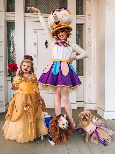 Family Halloween Costumes Beauty And The Beast, Dog Beast Costume, Mom And Daughter Princess Costume, Disney Mom And Daughter Costumes, Beauty And The Best Family Costumes, Mom And Daughters Costumes, Family Fairytale Costumes, Ms Potts Costume, Beauty And The Beast Family Costume Diy