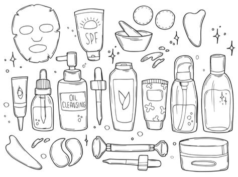 garabatear piel cuidado productos cosméticos colocar. belleza colocar. piel cuidado y belleza señales, spa salón y cuidados personales iconos vector garabatear ilustración Skincare Drawing, Paper Skincare, Care Drawing, Drawing Transparent, Cosmetics Illustration, 귀여운 음식 그림, Cosmetic Sets, Beauty Products Photography, Easy Coloring Pages