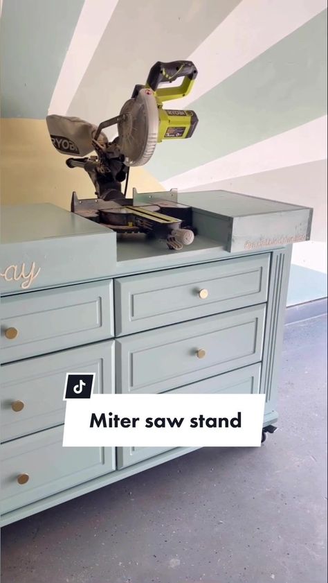 Have you ever seen a saw look so pretty?? I turned this dresser into a miter saw stand! #girlgarage #girlswithtools #workshopideas #workbenchbuild Saw Stand, Mitre Saw Stand, Miter Saw, Built In Bench, Garage House, Diy Home Improvement, Home Diy, Home Improvement, Turn Ons