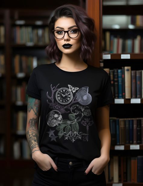 Get 10% off your first order: join.lucidamystica.com Biological and vintage elements collage art on a super-soft modern-fit unisex tshirt in Black that will become your new dark wardrobe staple. Perfect for yourself or as a gift for your favorite goth human! Plus sizes available for a roomy fit. Size up for an oversized aesthetic look. Size chart found in images.  + Printed on Bella + Canvas 3001 unisex tshirt + Retail fit + 100% Soft cotton  + Light fabric  + Tear away label + Runs true to size Academia Collage, Skull Collage, Goth Academia, Grunge Academia, Dark Academia Goth, Dark Wardrobe, Oversized Aesthetic, Nature Collage, Dark Aesthetics