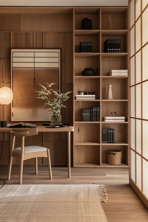 Minimalist Study Room, Japanese Home Office, Japandi Office Design, Japandi Bedroom Interior Design, Chair Shelves, Desk With Bookshelves, Japandi Home Office, Lighting Sky, Render Scene