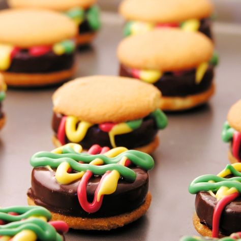 Hamburger Cookies! | EASYBAKED Creative Snack Ideas, Hamburger Cookies, Jimmy Buffett Party, Royal Icing Designs, Peppermint Cookie, Icing Designs, Bar Cups, Icing Design, Creative Snacks