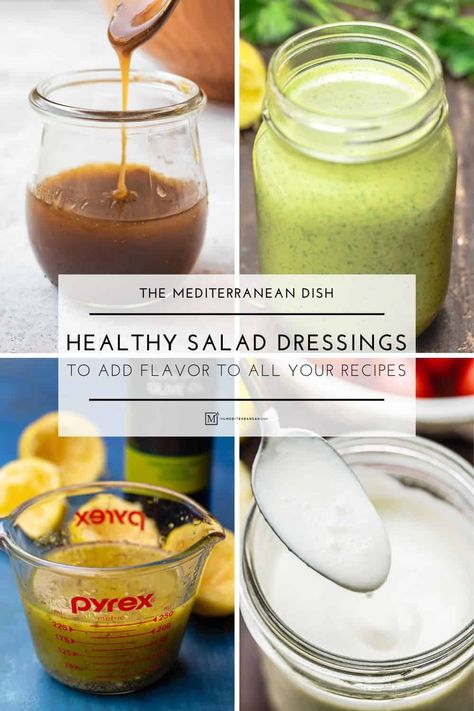 Our top healthy salad dressing recipes, with easy vinaigrettes, creamy salad dressings, dips, sauces, and condiments. Mediterranean Dressing Recipes, Light Salad Dressing Recipes, Healthy Salad Dressings, Healthy Salad Dressing Recipes, Dressings Recipes, Best Salad Dressing, Creamy Salad, Mediterranean Life, Balsamic Vinaigrette Recipe