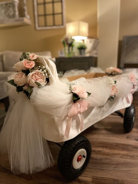 Flowergirl Wagon Ideas, Decorating Wagon For Wedding, Wagon Decorated For Wedding, Baby Flower Girl Wagon, Wedding Wagons For Flower Girl, Diy Wedding Wagon, Wedding Wagons, Flower Girl Wagon, Wedding Wagon