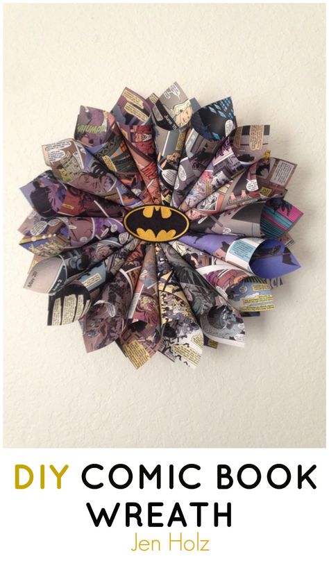 Jen Holz how to make a comic book wreath out of old comic book pages. Diy Comic Book, Batman Room Decor, Batman Crafts, Comic Book Crafts, How To Make Book, Pumpkin Wreath Tutorial, Diy Comic, Superhero Decor, Make A Comic Book