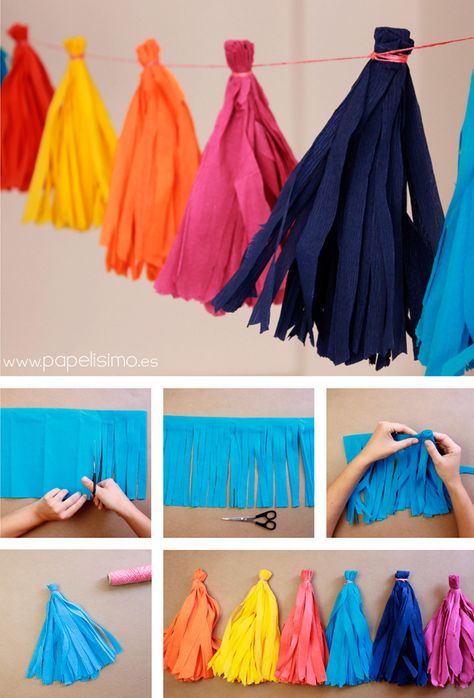 Como-hacer-guirnaldas-de-papel-crepe-con-borlas-tassel-paper-garland-tutorial בר מצווה, Mexican Party, Paper Garland, Fiesta Party, Crepe Paper, Grad Parties, Diy Birthday, How To Make Paper, Diy Party