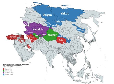 Turkic Language Evolution, Language Map, Turkic Languages, Semitic Languages, Turkish Flag, Language Families, Geography Map, Asia Map, Turkish Language