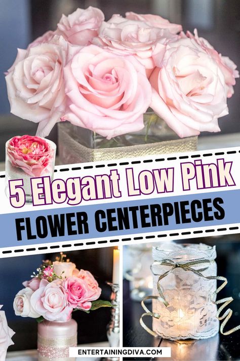 These simple floral centerpieces are made from DIY vases with roses, hydrangeas and baby's breath (some even use fake flower arrangements). Because they don't have too many flowers, they are easy and inexpensive. Which is great for large events (like weddings, showers, anniversaries and graduation parties) where you have a lot of tables to decorate. Fake Flower Centerpieces, Pink Flower Centerpieces, Simple Floral Centerpieces, Easy Floral Arrangements, Rose Gold Centerpiece, Lace Vase, Diy Floral Centerpieces, Pretty Candle Holders, Diy Vases