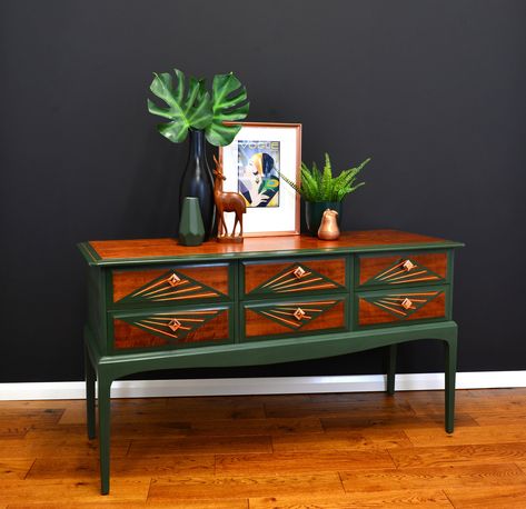 Stag Dressing Table Upcycle, Stag Minstrel Furniture Painted, Ercol Sideboard Upcycle, Stag Minstrel Console Table, Stag Furniture, 1930s Sideboard, Sideboard Grey, Green Leaf Print, Cocktail Cabinet