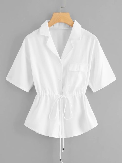 Plus Drawstring Waist Pocket Blouse Ledis Top, Dress White Short, Áo Blu, Pocket Blouse, Fall Blouse, Trendy Dress, Women's Blouses, Summer Blouses, White Short