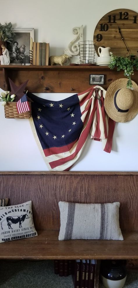 Vintage Flag Decor, Patriotic Mantle Decor, Americana Mantle Decor, 4th Of July Vintage Decor, Modern Americana Decor, Framed American Flag In Living Room, American Flag Bunting On House, All The Flags, Farmhouse 4th Of July Decor