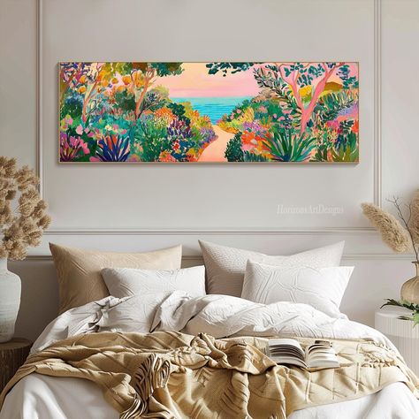 Path Artwork, Modern Coastal Art, Painting Horizontal, Mediterranean Landscape, Coastal Garden, Panoramic Wall Art, Horizontal Wall Art, Above Bed Decor, Coastal Gardens