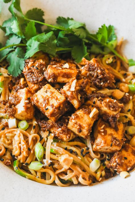 Noodles With Zucchini, Sesame Peanut Noodles, Tofu Noodles, Not Hungry, Spiralized Zucchini, Peanut Noodles, Vegan Asian, Crispy Tofu, Think Food