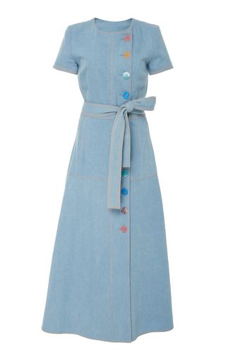 Ballet Inspired Fashion, Short Sleeve Denim Dress, Denim Dress Outfit, Blue Colour Dress, Short Sleeve Denim, Carolina Herrera Dresses, Dresses Blue, Denim Shirt Dress, Midi Short Sleeve Dress