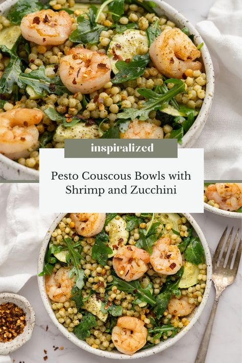 Pesto Couscous Bowls with Shrimp and Zucchini - Inspiralized Couscous With Shrimp, Pesto Couscous, Couscous Bowls, Shrimp Couscous, Pearl Couscous Recipes, Inspiralized Recipes, Shrimp And Zucchini, Pesto Shrimp, Couscous Recipes