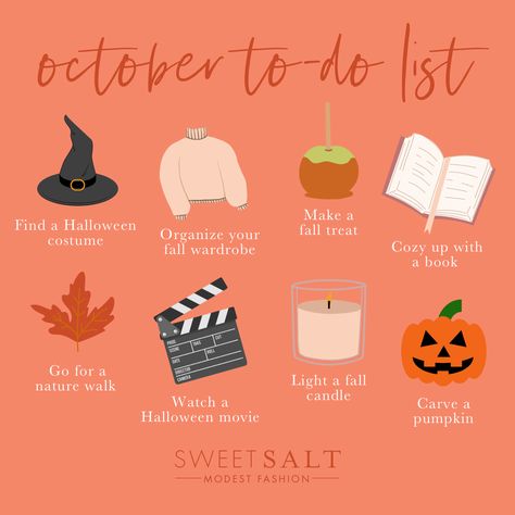 Our October to-do list 🎃🍂 What’s on yours? #WearSweetSalt What To Do In October, Todo List, Autumn Nature, Fall Treats, Halloween Movies, Walking In Nature, To Do, To Do List, Bucket List