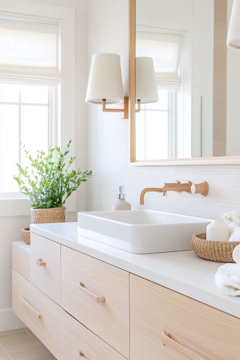 Bright and airy modern bathroom ideas for a serene space. Featuring light wood cabinetry, a sleek vessel sink, and chic decor. Perfect for those seeking a minimalist and stylish bathroom upgrade. #ModernBathroomIdeas #HomeDecor #InteriorDesign Serena And Lily Bathroom, Light And Airy Bathroom, Airy Bathroom, Modern Bathroom Ideas, Bathroom Upgrade, Bright Bathroom, Calming Spaces, Bathroom Refresh, Serena And Lily