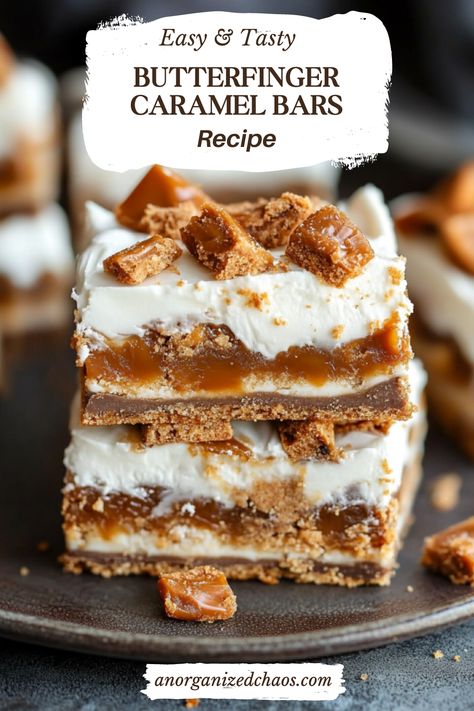 These No-Bake Butterfinger Caramel Bars are a dessert revelation—decadently delicious and delightfully easy to make! Imagine layers of gooey caramel and crunchy Butterfinger pieces melding into an irresistible treat that requires zero baking. I stumbled upon Butterfinger bites, not in the usual bag but in little boxes nestled among other candies at my local grocery Flutternutter Bars, Bugle Bars, Butterfinger Caramel Crunch Bars, Pan Bars, Fluffernutter Bars, Butterfinger Dessert, Butterfinger Bites, Caramel Bars Recipe, Butterfinger Bars