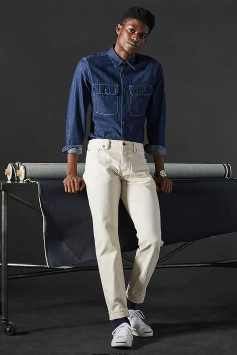 White Denim Jeans Outfit, Jeans Outfit Inspiration, Outfit Inspiration For Men, Raw Denim Jacket, Double Denim Outfit, White Jeans Winter, Denim Outfit Men, Blue Oxford Shirt, Double Denim Looks