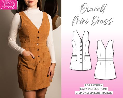 This button down overall dress sewing pattern is perfect for beginners and all sewing levels. Made out of corduroy, easy to wear button front closure with big patch pockets to create an adorable outfit to pair with mock neck or turtleneck top! The downloadable file package includes illustrated step by step sewing instructions, detailed tutorial, and helpful tips for you to easily complete the dress. The pattern includes 7 sizes for you to choose from: XS to XXXL The digital download PDF sewing pattern includes a layer option to only select your size or multiple sizes all at once. Each pattern is created so you can print at home or through a printshop. The purchase comes with 4 PDF files: A4 US Letter A0 Instruction Book includes fabric recommendations, pattern assembling, step by step inst Button Front Dress Sewing Pattern, Corduroy Sewing Pattern, Playsuit Sewing Pattern, Button Up Dress Pattern, Overall Dress Sewing Pattern, Overall Dress Pattern, V Neck Dress Pattern, Overall Sewing Pattern, Button Front Dress Pattern