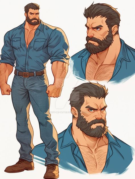 80s Workout Aesthetic Men, Burly Men Drawing, Buff Man Character Design, Lumberjack Character Design, Lumberjack Drawing, Muscle Man Cartoon, Buff Men Art, Buff Character, Lumberjack Cartoon