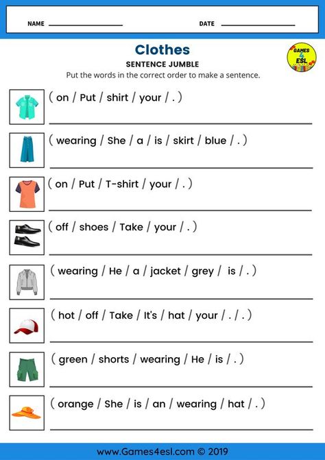 This worksheet for beginner English language students is great to teach clothes vocabulary and sentences. English Worksheets For Grade 1 Sentences, Jumbled Sentences Worksheets For Grade 1, Jumbled Sentences Worksheets, Grade 4 English Worksheets, There Is There Are, English Lessons For Beginners, Esl Worksheets For Beginners, Clothes Worksheet, Clothing Pictures