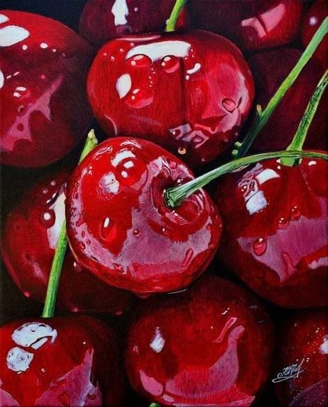 Cherry Painting, Cherries Painting, Colored Pencil Artwork, Fruit Painting, A Silent Voice, Realism Art, Fruit Art, Art Inspiration Painting, Painting Art Projects