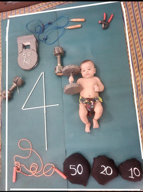 Gym theme baby photoshoot Monthly Photoshoot, Workout Photoshoot, Gym Photoshoot, Baby Milestone Photos, Milestone Photos, Monthly Baby Photos, Baby Workout, Monthly Baby, Newborn Baby Photos