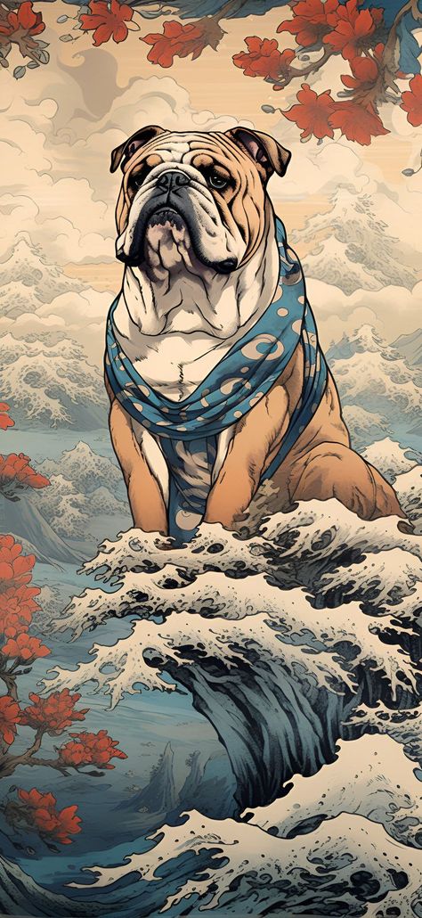 An Ukiyo-E styled artwork of an English Bulldog sitting on a tidal wave, perfect for your phone's wallpaper. English Bulldog Art, Bulldog Wallpaper, Japanese Dogs, Aesthetic Wallpaper Iphone, Bulldog Art, Tidal Wave, Wallpaper Android, Ukiyo E, Japanese Woodblock Printing