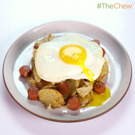 Michael Symon's Hot Dog Hash! #TheChew The Chew Recipes, Michael Symon, Hash Recipe, Great Man, Wheat Free Recipes, The Chew, Hash Browns, Breakfast Time, Cheap Meals