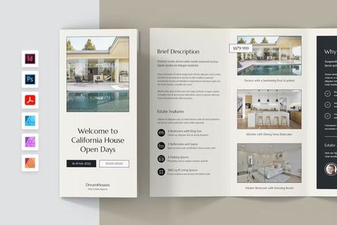 Real Estate Open House Brochure Tri-Fold Template Get it now!! #brochure #brochuretemplate #brochuredesign #business #template #trifold #bifold #bestbrochure #freebrochure #premiumdesign #design #envato #envatomarket #envatoelement #creativemarket #freepik #shutterstock Open House Brochure, House Brochure, Open House Real Estate, Trifold Brochure Design, Open Days, Garden Estate, Free Brochure, Trifold Brochure, Real Estate Business