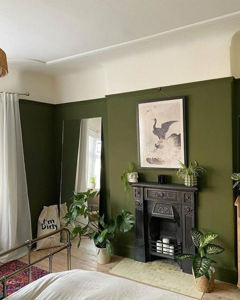 Basement Vibes, Victorian Terrace Interior, Antique Bedside Tables, I Love Green, Bedroom Victorian, Dinning Room Design, Ikea Bed, Green Bedroom, Cottage Bedroom