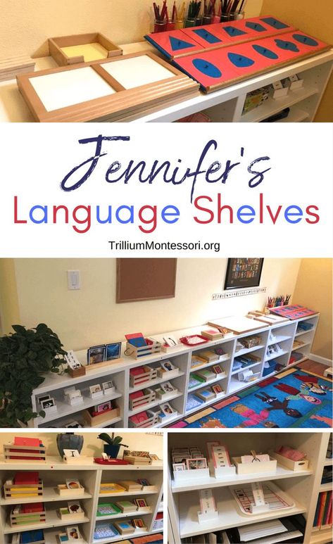 A tour of Jennifer's Montessori language shelves and materials Montessori Language Shelf, Montessori Classroom Layout, Montessori Elementary Classroom, Montessori Shelves, Montessori Curriculum, Preschool Montessori, Montessori Kindergarten, Montessori Shelf, Montessori Teaching