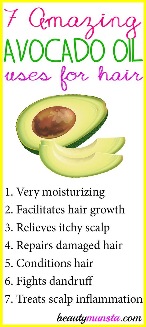 Avocado oil benifits: Its benefits due to its composition of vitamins, antioxidants, and monounsaturated fats. Lubricates scalp to reduce the appearance of dandruff. It's deeply penetrating & moisturing, which keep scalp well oiled which prevents dryness, itchiness & breaking later. Its Vitamin B & moisturizing properties supports hair growth, while its Vitamin E property repairs hair damage. Has anti-inflammatory effects Avocado Oil Uses, Avocado Oil Benefits, Avocado Oil Hair, Avocado Uses, Natural Beauty Hacks, Avocado Beauty, Avocado Skincare, Oil For Curly Hair, Coconut Oil Hair Growth