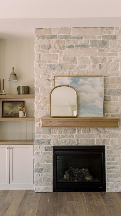 Stone Facing For Fireplace, Neutral Living Room With Stone Fireplace, European Country Decor, Small Stone Fireplace Ideas, Stone Fireplace With Shelves On Side, Updated Stone Fireplace Ideas, Rock Fireplace With Built Ins, Stone Fireplaces Floor To Ceiling, Fireplace Low Ceiling