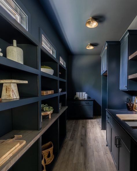 Larder Room, Blue Pantry, Brass Tile, Brass Light Fixtures, Deep Blue Paint, Blue Paint Color, White Pantry, Color Palette Living Room, Hague Blue