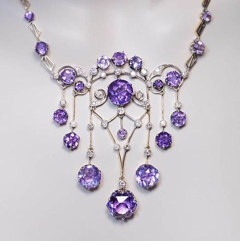 Exceptional Vintage Russian Amethyst Diamond Necklace, Moscow, 1930s. The necklace is handcrafted in gilded silver and set with sparkling light lavender purple Siberian amethysts and diamonds. قلادات متدلية, Bijoux Art Nouveau, Faberge Eggs, Magical Jewelry, Purple Jewelry, Necklace Antique, Pretty Purple, Amethyst Jewelry, Amethyst Necklace