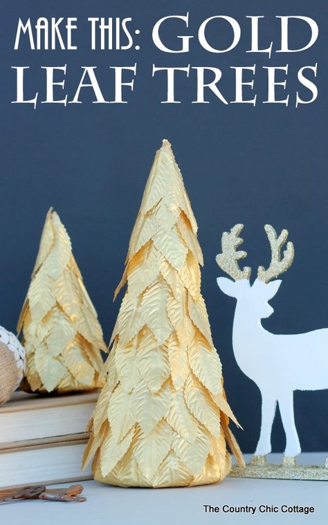 How to make these gorgeous gold leaf trees for your Christmas decor. Sculpted Pumpkins, Small Christmas Trees Decorated, Mini Christmas Tree Decorations, Paper Mache Christmas, Diy Gold, Modern Christmas Tree, Cone Christmas Trees, Holiday Tree Decorations, Alternative Christmas Tree